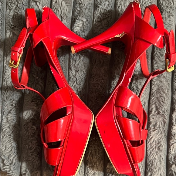 YSL Saint Laurent Red Patent Strappy Platform Heels